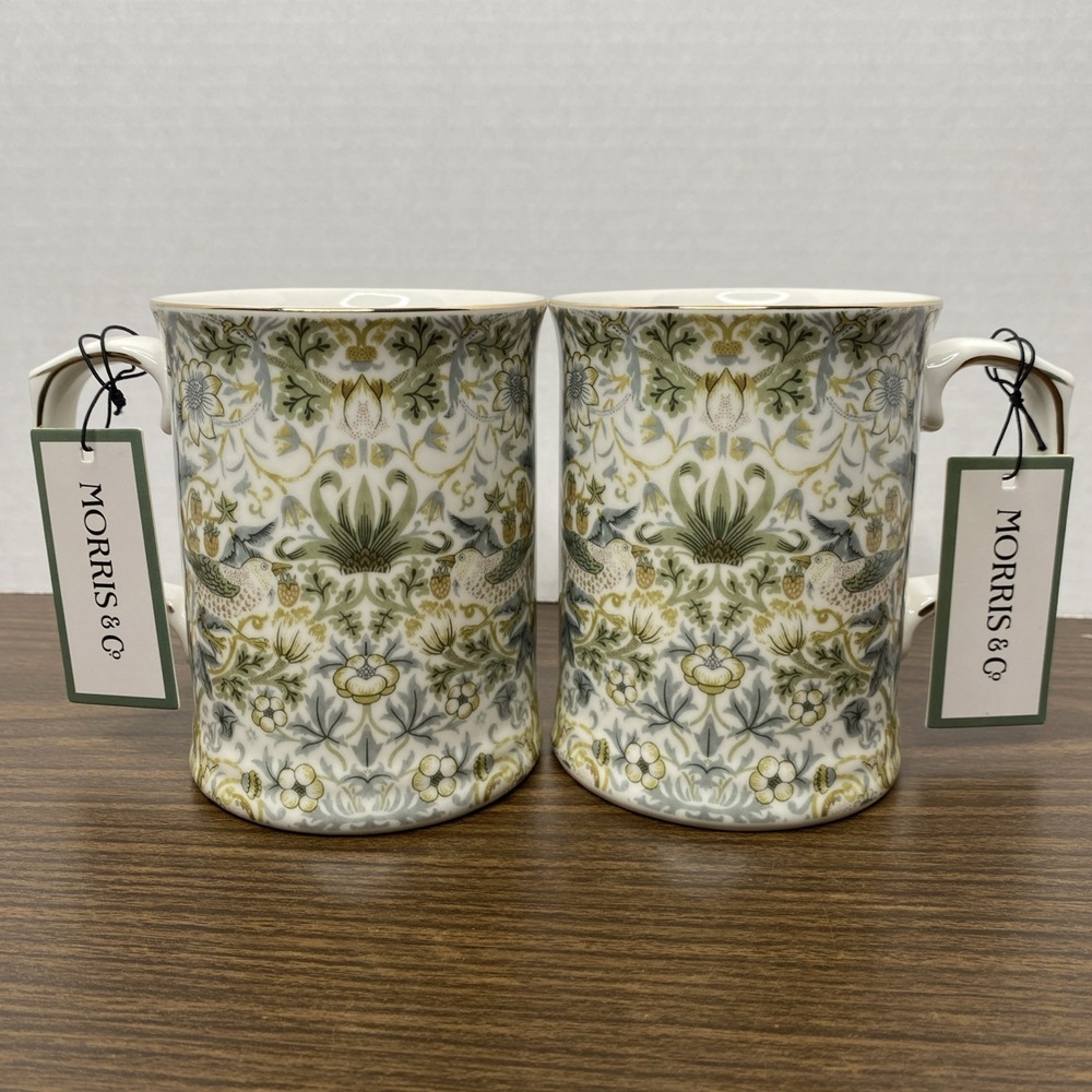 STRAWBERRY THIEF Morris & Co Premium Porcelain Gold Rim Mugs Green Blue NEW